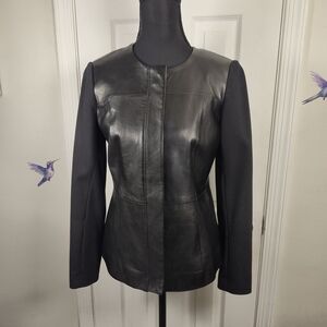 Talbots Black Lambskin Leather Mixed Media Moto Jacket 2P Petite Collarless